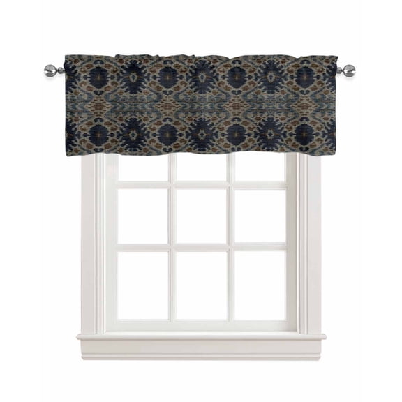 Boho Blue Brown Linen Curtain Valance for Bedroom/Bathroom/Kitchen/Office/Living/Dining Room Window,Vintage Ethnic Geometric Abstract Art Rod Pocket Topper Decorative Cafe Drapes Panel 54"x18"