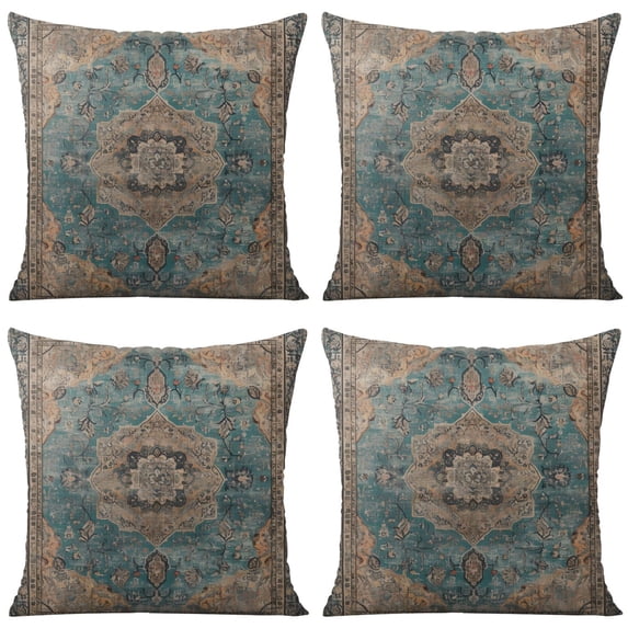 Boho Blue Carpet Pattern Linen Ethnic Design Farmhouse Throw Pillow Covers 18 X 18 Inch, Set Of 4, Linen Study Sofa Cushion Cover Indoor Living Room Home Decor