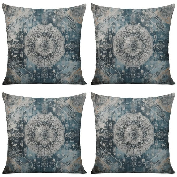 Boho Blue Carpet Pattern Linen Ethnic Design Throw Pillow Covers 18 X 18 Inch, Set Of 4, Linen Study Sofa Cushion Cover Indoor Living Room Home Decor