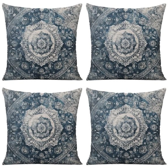Boho Blue Carpet Pattern Linen Ethnic Design Throw Pillow Covers 18 X 18 Inch, Set Of 4, Linen Study Sofa Cushion Cover Indoor Living Room Home Decor