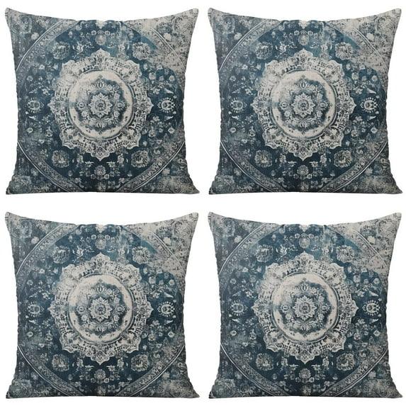 Boho Blue Carpet Pattern Linen Ethnic Design Throw Pillow Covers 18 X 18 Inch, Set Of 4, Linen Study Sofa Cushion Cover Indoor Living Room Home Decor