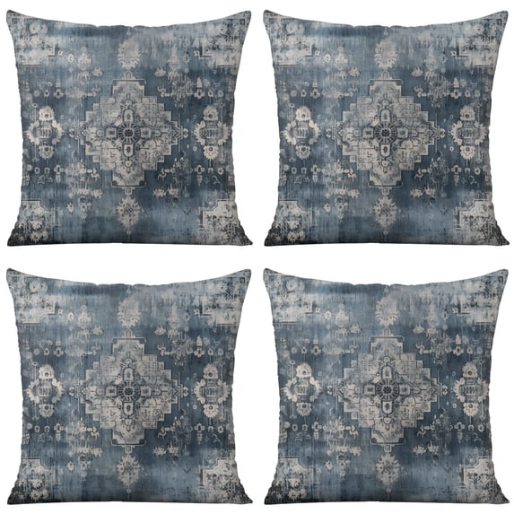 Boho Blue Carpet Pattern Linen Ethnic Design Throw Pillow Covers 18 X 18 Inch, Set Of 4, Linen Study Sofa Cushion Cover Indoor Living Room Home Decor