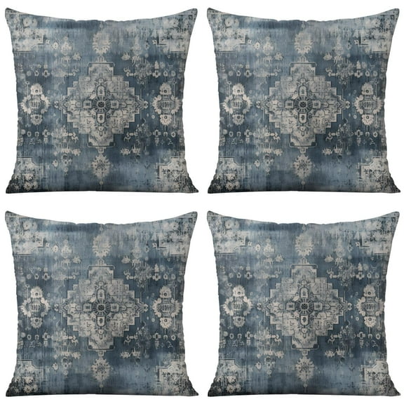 Boho Blue Carpet Pattern Linen Ethnic Design Throw Pillow Covers 18 X 18 Inch, Set Of 4, Linen Study Sofa Cushion Cover Indoor Living Room Home Decor