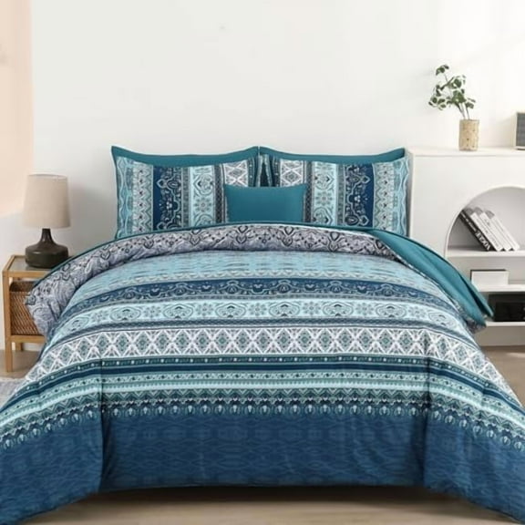Boho Blue Comforter Set Queen Size 8 Pieces,Teal Blue Comforter Bohemian Striped Bed in A Bag,Soft Microfiber Bedding Set for All Seasons