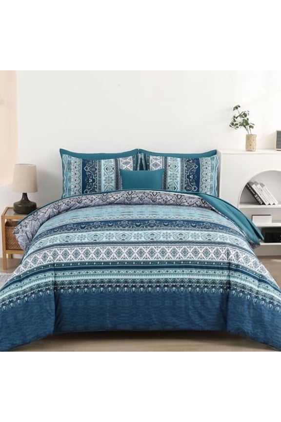 Boho Blue Comforter Set Queen Size 8 Pieces,Teal Blue Comforter Bohemian Striped Bed in A Bag,Soft Microfiber Bedding Set for All Seasons