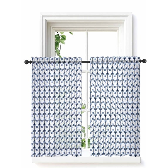 Boho Blue Curtains 54 Inch Length, Sheer Curtains for Bedroom Living Room Window White Chevron Stripes Abstract Geometric Rod Pocket Voile Drapes Kitchen Curtains Small Half Window 52"x54" 2 Panels