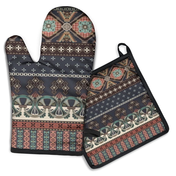 Boho Blue Elaborate Ethnic Pattern Kitchen Oven Mitt and Pot Holder Sets 2 Pcs for Baking, Cooking and Grilling, Heat Resistant Up To 392 °F