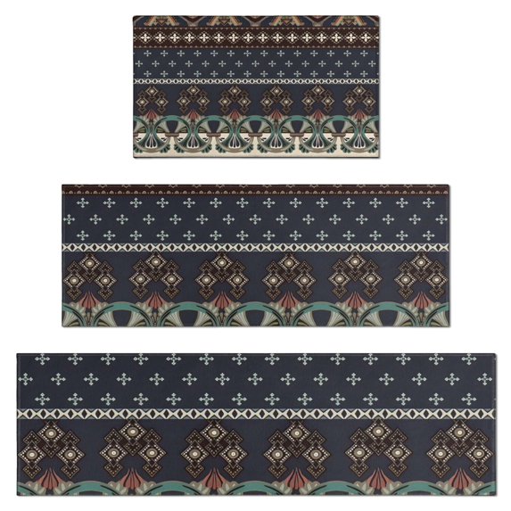 Boho Blue Elaborate Ethnic Pattern Kitchen Rugs Sets Of 3,Kitchen Runner Rugs Non Skid Washable,Decorative Kitchen Floor Mats for Kitchen,Sink,Laundry,17"x30"+ 17"x47" + 17"x59"