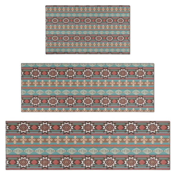 Boho Blue Ethnic Pattern with Star Motifs Kitchen Rugs Sets Of 3,Kitchen Runner Rugs Non Skid Washable,Decorative Kitchen Floor Mats for Kitchen,Sink,Laundry,17"x30"+ 17"x47" + 17"x59"