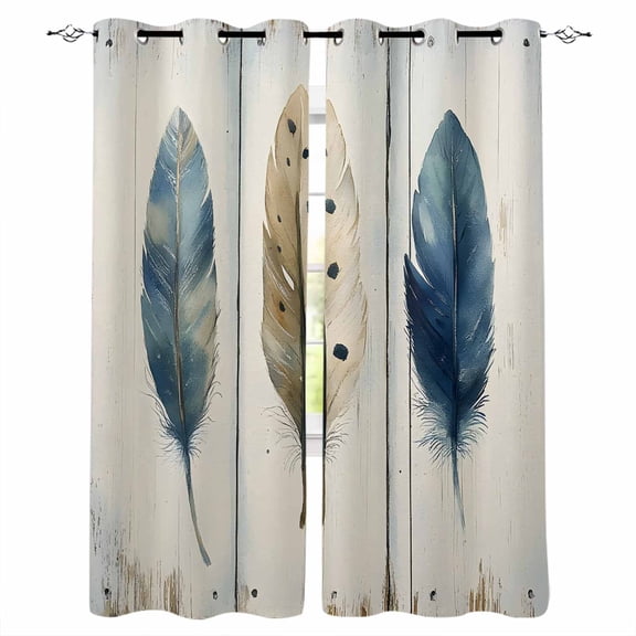 Boho Blue Feathers Blackout Curtains for Bedroom/Living Room, Thermal Insulated Kitchen Curtains, Rustic Retro Wooden Board Grommet Darkening Window Treatment Drapes 42"x84"x2