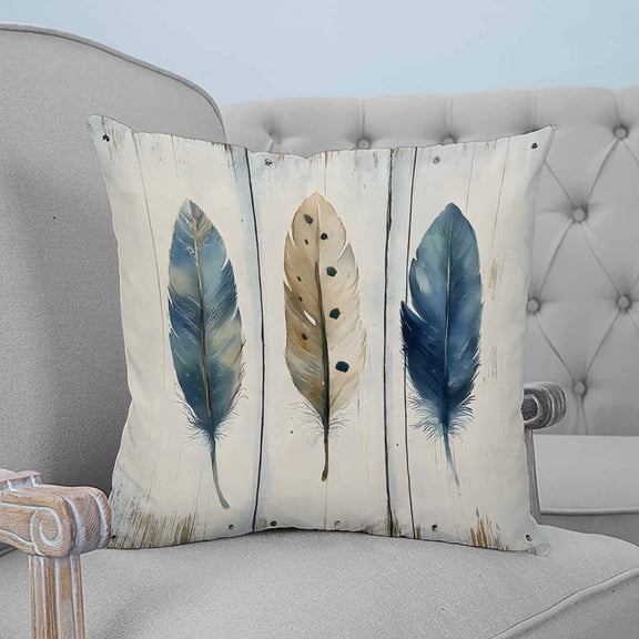 Boho Blue Feathers Decorative Pillowcase 16''x16'', Rustic Retro Wooden Board Throw Pillow Covers Soft Cushion Case for Couch Sofa Bedroom Living Room, Pillowcase Boho Decor