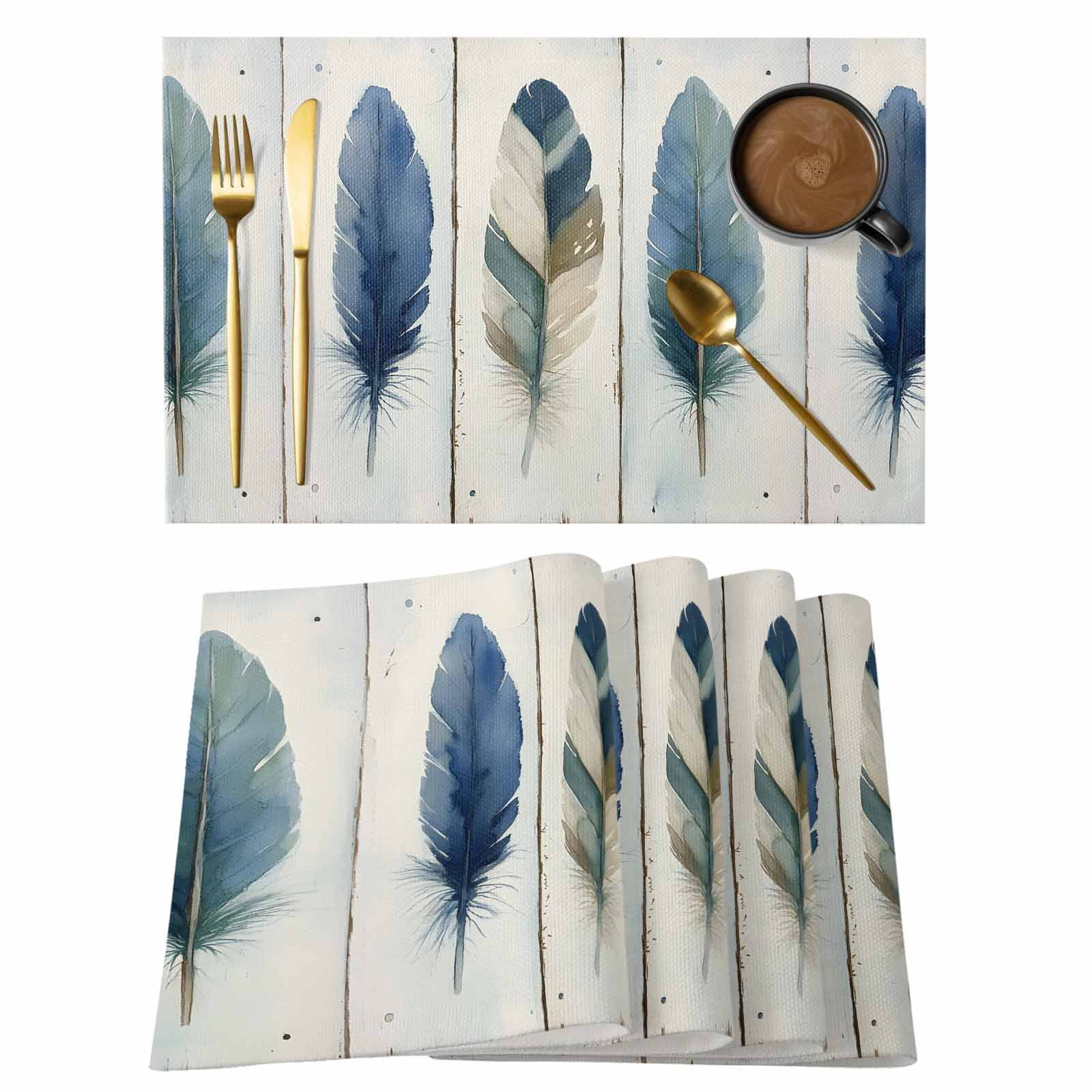 Boho Blue Feathers Placemats Set of 4 Farmhouse Vintage Wooden Grain ...