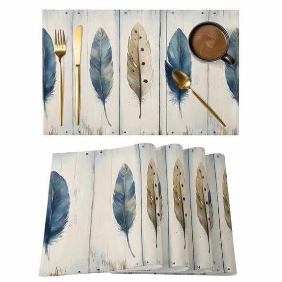 Boho Blue Feathers Placemats Set of 8 Rustic Retro Wooden Board Place Mats Indoor Wipeable Table Mats Washable Cloth Dining Table Placemats for Kitchen Holiday Party Home Decor 13x19 Inch
