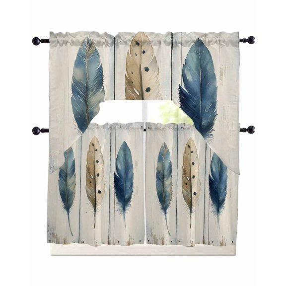 Boho Blue Feathers Swag Curtains for Living Room/Bedroom Windows, Rustic Retro Wooden Board Kitchen Curtains and Valances Set 36 Inch Length, Light Filtering Swags Valance Curtain Panels