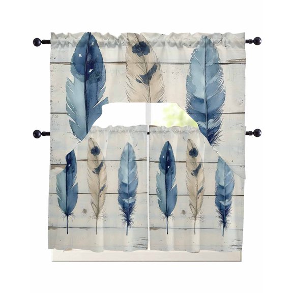 Boho Blue Feathers Swag Curtains for Living Room/Bedroom Windows, Watercolor Vintage Wooden Grain Kitchen Curtains and Valances Set 36 Inch Length, Light Filtering Swags Valance Curtain Panels