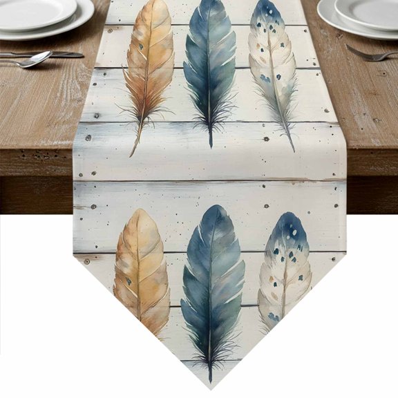 Boho Blue Feathers Table Runner Linen Burlap Table Runner 36 Inches Small Country Vintage Wooden Grain Dresser Scarves for Kitchen Island Coffee Dining Party Wedding Banquet Holiday Decor 13"x36"