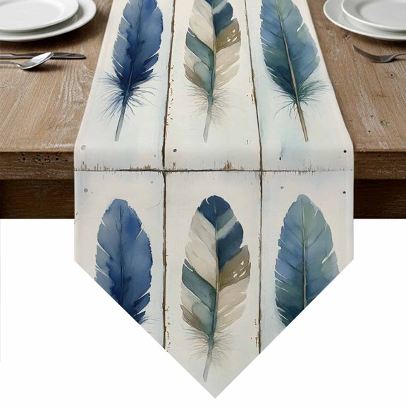 Boho Blue Feathers Table Runner Linen Burlap Table Runner 36 Inches Small Farmhouse Vintage Wooden Grain Dresser Scarves for Kitchen Island Coffee Dining Party Wedding Banquet Holiday Decor 13"x36"