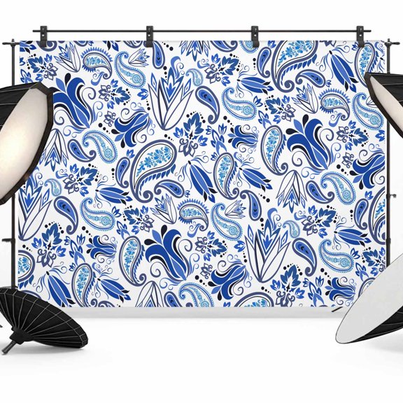 Boho Blue Floral Backdrop for Photoshoot,Photography Photo Studio Background Wall Backdrop,Farmhouse Botanical Vintage Paisley Flower Back Drop Banner Panel for Portraits Wedding Live Streaming 7x5Ft