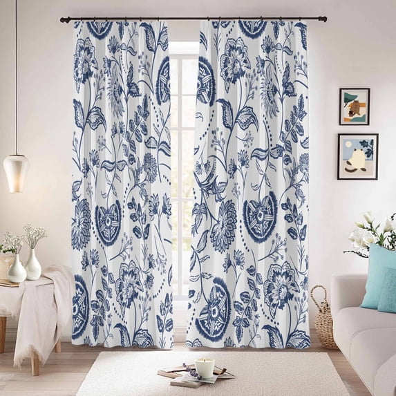 Boho Blue Floral Blackout Curtains for Bedroom/Living Room, Pinch Pleated Black Out Curtains, Vintage Farmhouse Paisley Plant Leaf Room Darkening Window Drapes with Hooks 2 Panels, 39"x70"