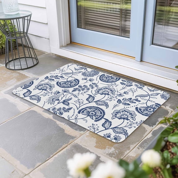 Boho Blue Floral Door Mat Indoor Outdoor, Vintage Farmhouse Paisley Plant Leaf Non Slip Welcome Mat with Rubber Backing, Absorbent Fabric Front Door Mats Entryway Rug for Home Patio Entrance 16"x24"
