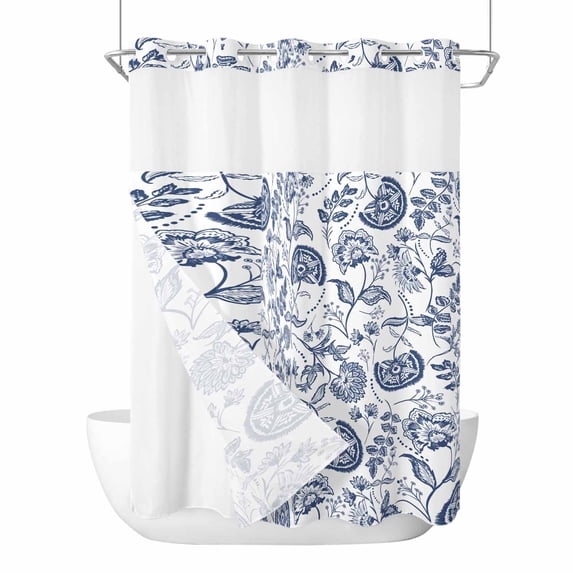 Boho Blue Floral No Hook Shower Curtain Waterproof,Bathroom Curtains with Snap in Liners and See Through Top Window,Vintage Farmhouse Paisley Plant Leaf Hotel Style Bathtub Curtains Shower 60"Wx72"L