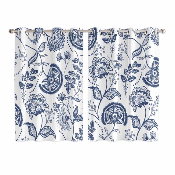 Boho Blue Floral Kitchen Curtains 72 Inch Length, Vintage Farmhouse Paisley Plant Leaf Grommet Top Bedroom Living Room Curtains, Light Filtering Cafe Curtain Drapes 2 Panels Set 104''x72''