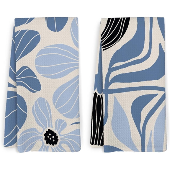 Boho Blue Floral Kitchen Towels and Dishcloths Set of 2, Light Blue Flowers Hand Towels, Boho Botanical Dish Towels, Blue Flower Decorative Hand Tea Towels for Bathroom Kitchen