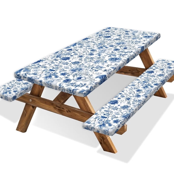 Boho Blue Floral Picnic Table Cover with Bench Covers,Rustic Farmhouse Plants Flowers Leaves Tablecloths,for 5 Ft Rectangle Tables and Seats,with Drawstring Bag(30x60 Inches)