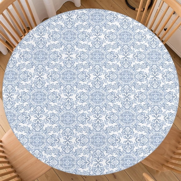 Boho Blue Floral Round Fitted Tablecloth with Elastic Edge Rustic Farmhouse Outdoor Table Cover for 40"-44" Stretch Table Cloth for Dining Room Party Picnic