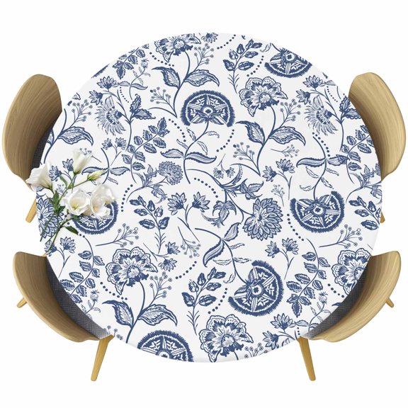 Boho Blue Floral Round Tablecloth 36-44 Inch Round Fitted Table Cloth with Elastic Edge, Vintage Farmhouse Paisley Plant Leaf Waterproof Table Cover Protector for Outdoor Picnic Party Dining