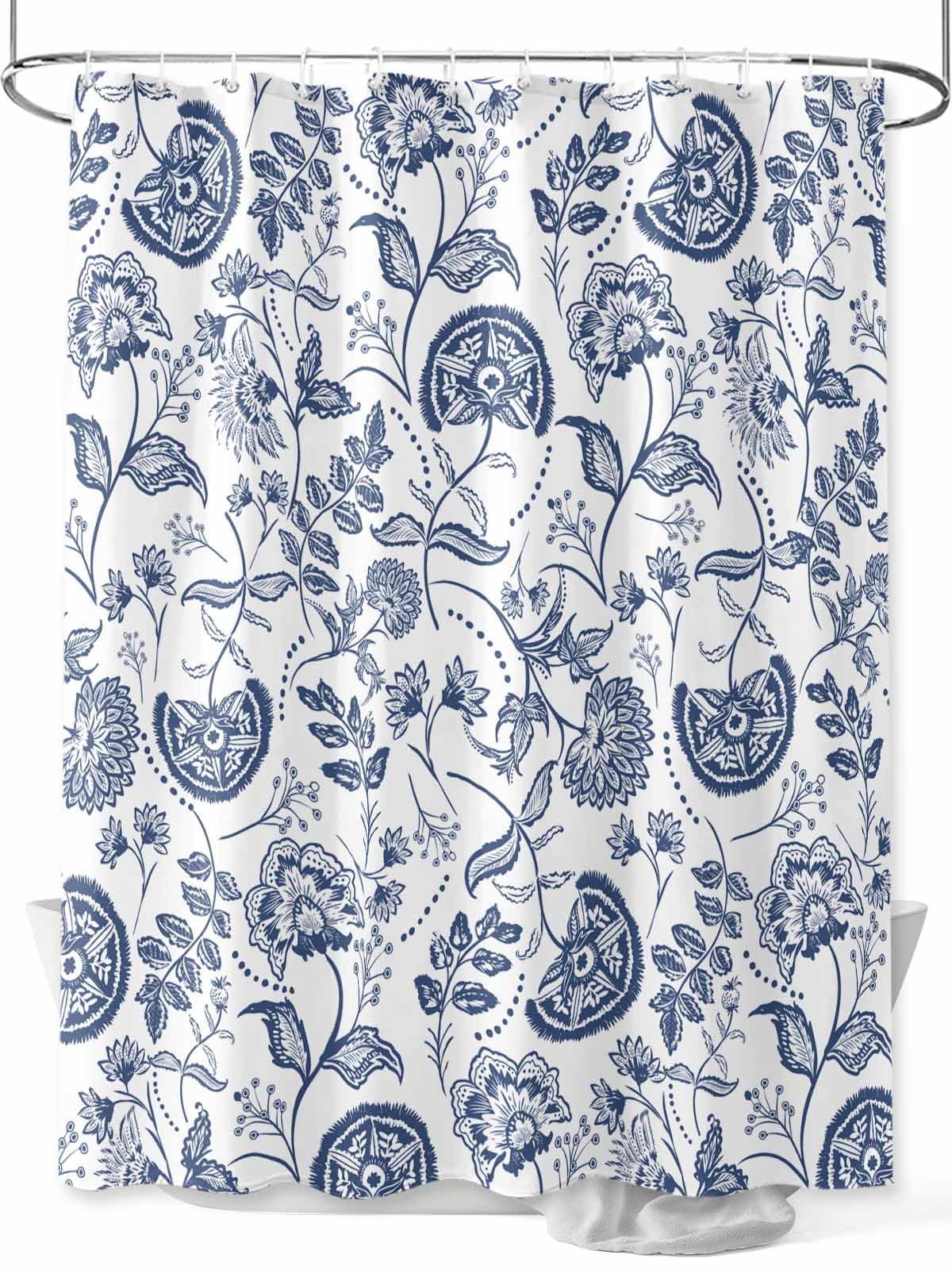 Boho Blue Floral Shower Curtain Set with Hook Washable Cloth Polyester