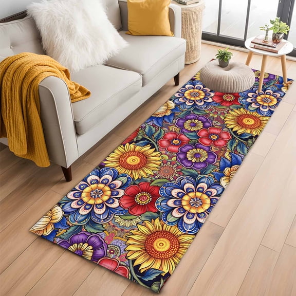 Boho Blue Flower 2'x6' Runner Rugs for Hallway Kitchen Bedside Non Slip Washable, Spring Bohemia Chic Red Yellow Floral Entryway Rug Runners with Rubber Backing, Long Carpet Runner for Laundry Room