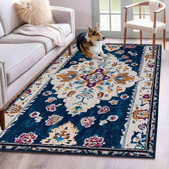 Boho Blue Flower 3'x5' Washable Rug, Rustic Oriental Farmhouse Mexican ...