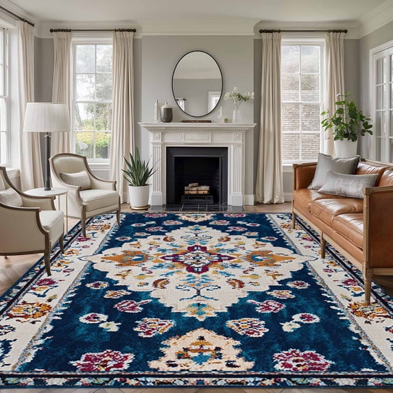 Boho Blue Flower 6'x9' Area Rug for Living Room, Rustic Oriental ...