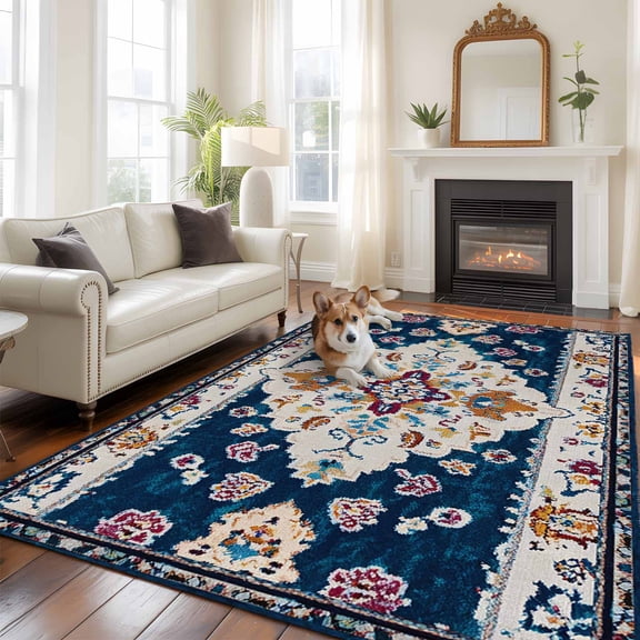 Boho Blue Flower Area Rug 5x7 FT, Non Slip Bedroom Throw Carpet, Rustic Oriental Farmhouse Mexican Aztec Washable Soft Floor Carpet Non-Shedding Rug for Dining Room Bedside Classroom Desk