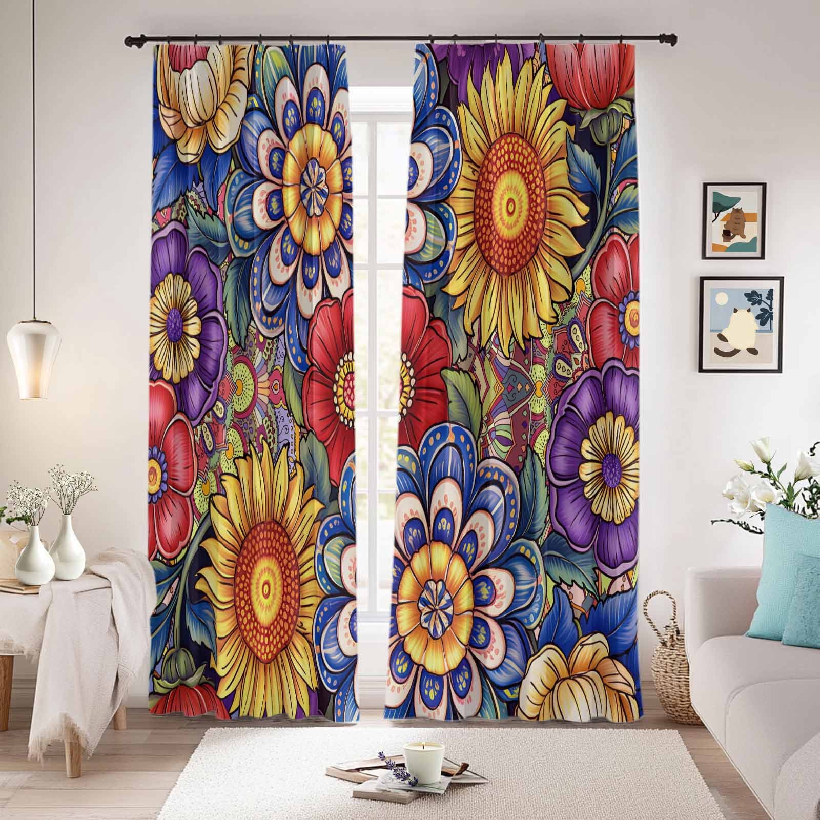 Boho Blue Flower Blackout Curtains for Bedroom/Living Room, Pinch ...