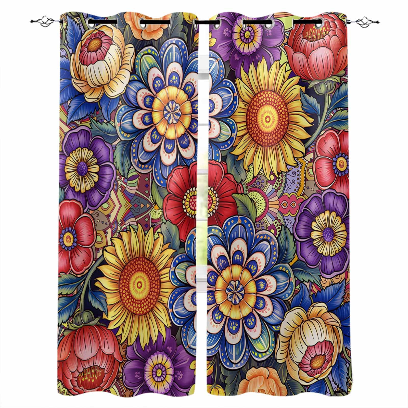 Boho Blue Flower Blackout Curtains for Bedroom, Spring Bohemia Chic Red ...
