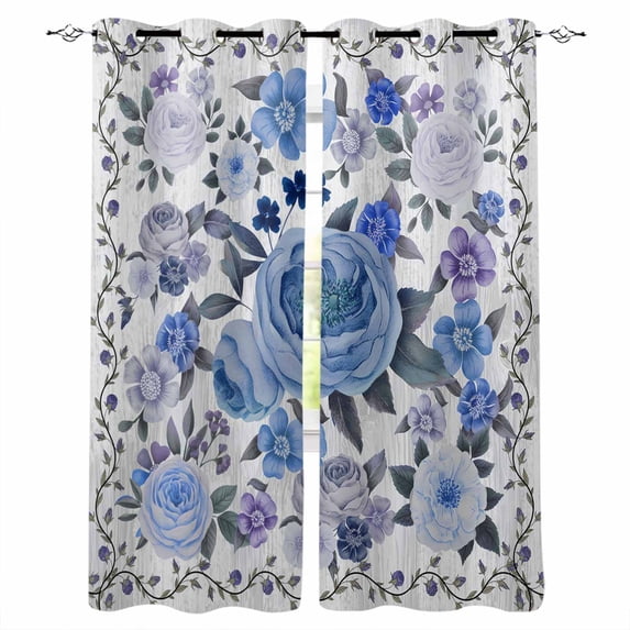 Boho Blue Flower Blackout Curtains for Bedroom, Spring Watercolor Country Floral Plant Thermal Insulated Kitchen Drapes with Grommets, Light Blocking Window Treatment, 2 Panels 52" x 45"