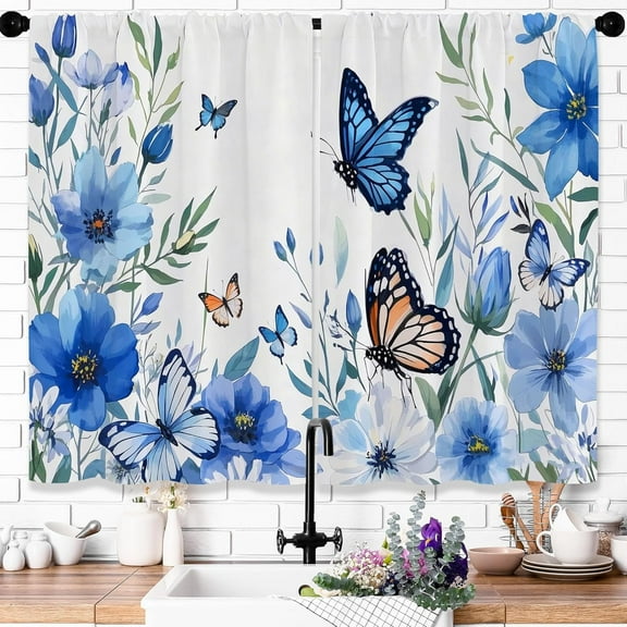 Boho Blue Flower Butterfly Kitchen Curtains Spring Watercolor Floral Small Short Window Curtains Botanical Bathroom Curtain 2 Panels Window Treatment Tiers Drapes 26x36 Inch