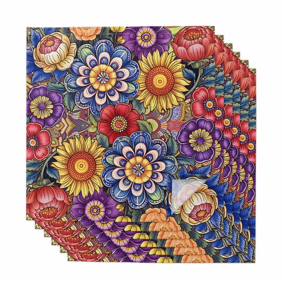Boho Blue Flower Cloth Napkins, Spring Bohemia Chic Red Yellow Floral Washable and Reusable Dinner Napkins Set of 6, Table Napkin for Kitchen Party Birthday Wedding Hotel Housewarming 20"x20"