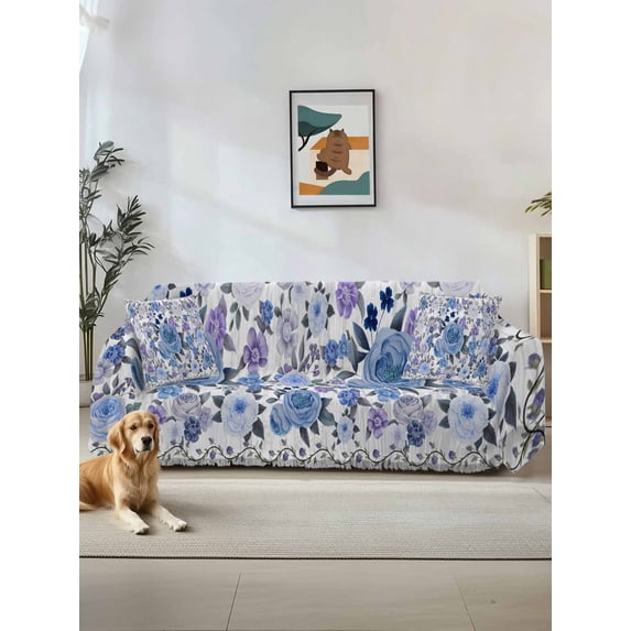 Boho Blue Flower Couch Cover, Spring Watercolor Country Floral Plant Sofa Cover Blanket for 3 Cushion Couch, Sectional Sofa Slipcover Furniture Protector for Living Room Bedroom 71''x134''