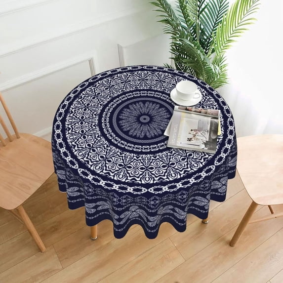 Boho Blue Flower Geometry Round Tablecloth 60 Inch, Waterproof Stain Resistance Round Table Cloth Decorative Tablecloth Picnic Party Indoor Outdoor