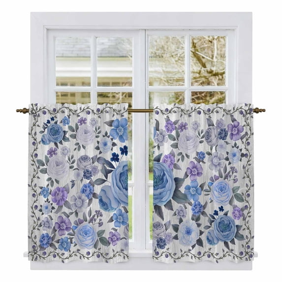 Boho Blue Flower Kitchen Curtains 54 Inch Length, Spring Watercolor Country Floral Plant Tiers Curtains for Bathroom Bedroom Cafe, Light Filtering Small Window Treatment Drapes 2 Panels 42"Wx54"L