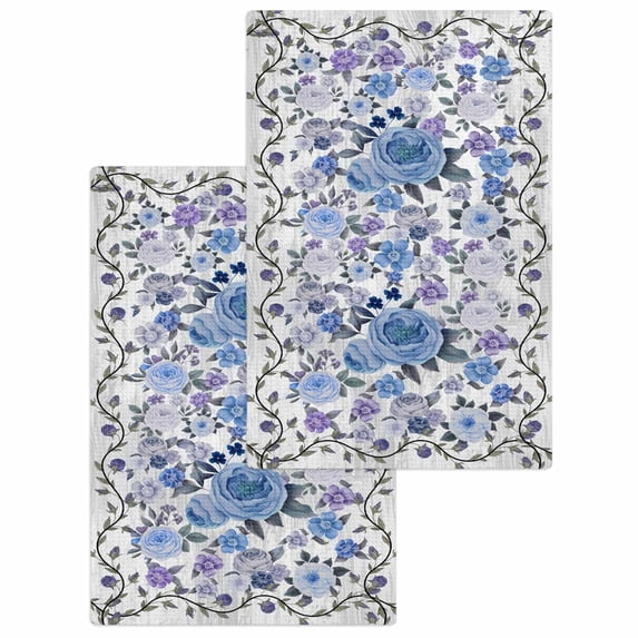 Boho Blue Flower Kitchen Dish Towels for Drying Dishes Set of 2, Spring Watercolor Country Floral Plant Waffle Weave Microfiber Hand Tea Bathroom Towels Quick Dry & Absorbent Towel 15.7x23.6