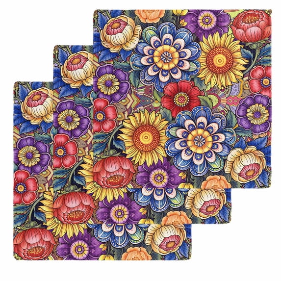 Boho Blue Flower Kitchen Dish Towels for Drying Dishes Set of 3, Spring Bohemia Chic Red Yellow Floral Waffle Weave Microfiber Hand Tea Bathroom Towels Quick Dry & Absorbent Towel 12x12