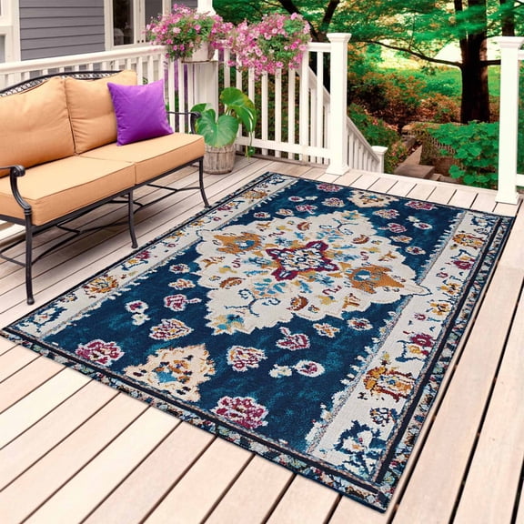 Boho Blue Flower Outdoor Rug 6x9 Ft, Non Slip Washable Area Rug, Rustic Oriental Farmhouse Mexican Aztec Patio Rugs Carpet Runner, Large Floor Mat for Indoor/Outdoor Deck Porch Camping