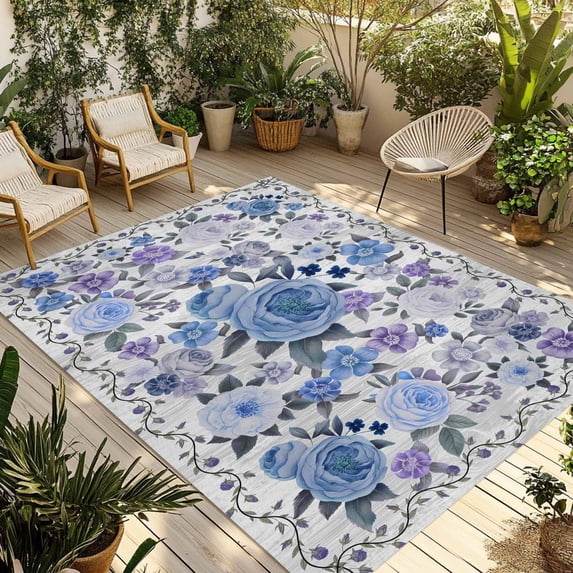 Boho Blue Flower Outdoor Rug for Patio/Deck/Porch, Non-Slip Large Area Rug 4 x 6 Ft, Spring Watercolor Country Floral Plant Indoor Outdoor Rugs Washable Area Rugs, Camping Rug Carpet Runner