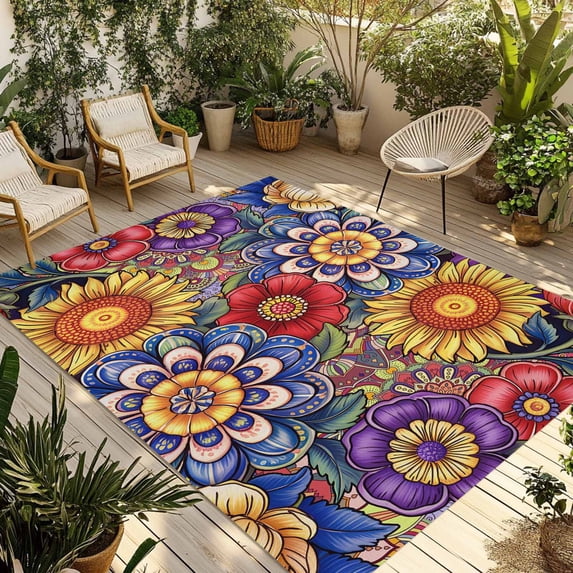 Boho Blue Flower Outdoor Rug for Patio/Deck/Porch, Non-Slip Large Area Rug 5 x 8 Ft, Spring Bohemia Chic Red Yellow Floral Indoor Outdoor Rugs Washable Area Rugs, Reversible Camping Rug Carpet Runner
