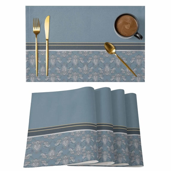 Boho Blue Flower Placemats Set of 6, Abstract Bohemia Pesley Floral Placemats for Dining Table, Place Mats for Kitchen Tabletop, Waterproof Wipeable Dining Table Mats Set