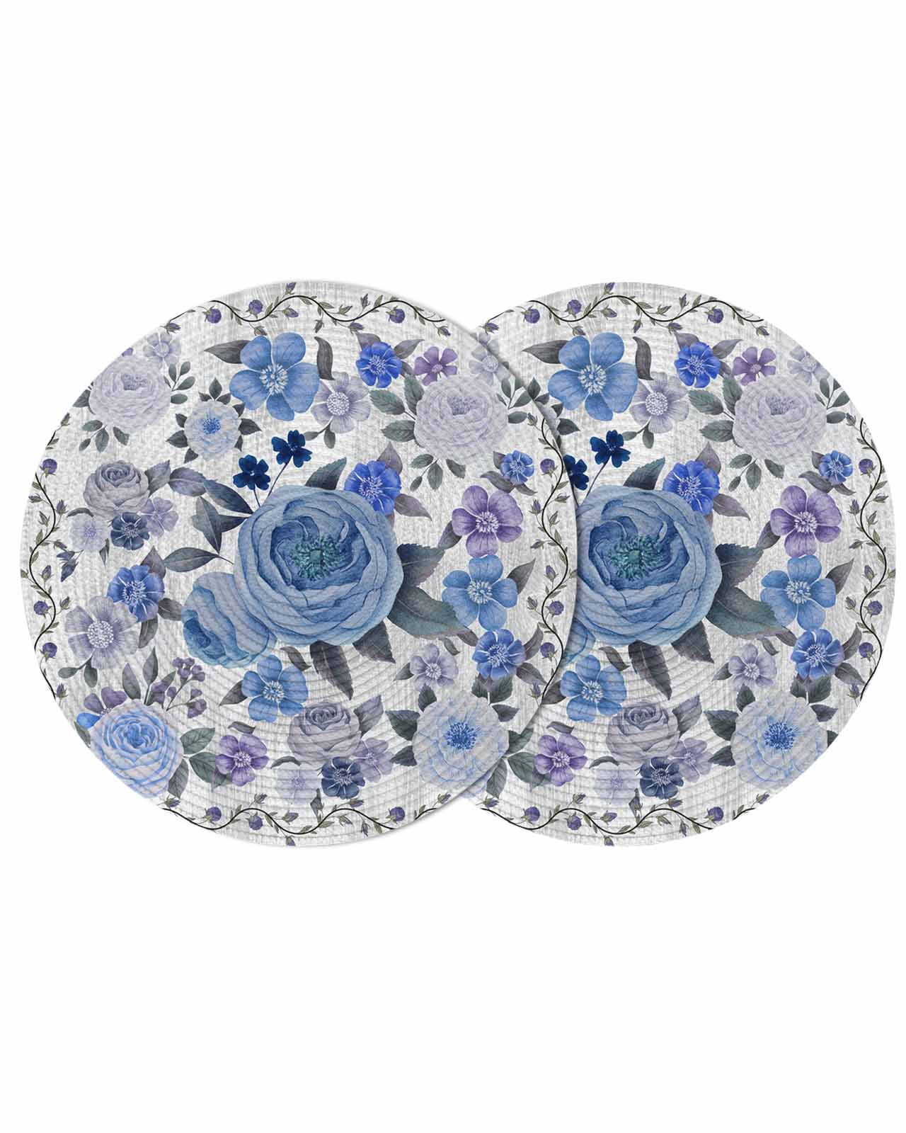 Boho Blue Flower Round 13 Inch Placemats Set of 2, Spring Watercolor ...